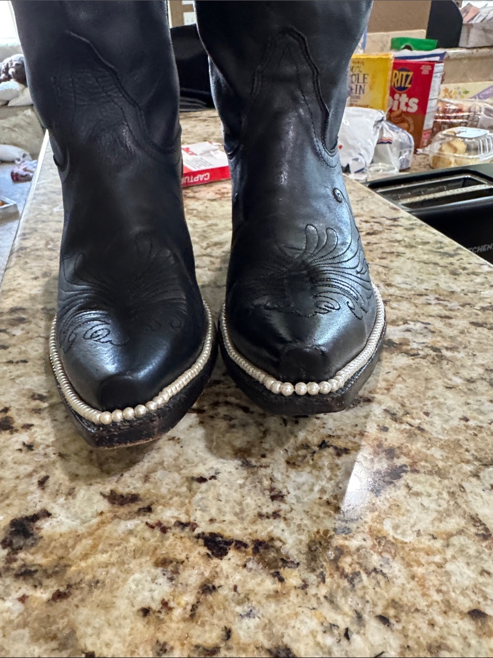 Tony Lama Black Leather Western Knee-High Boots wPearl Detail and Star Accent - Picture 3 of 10
